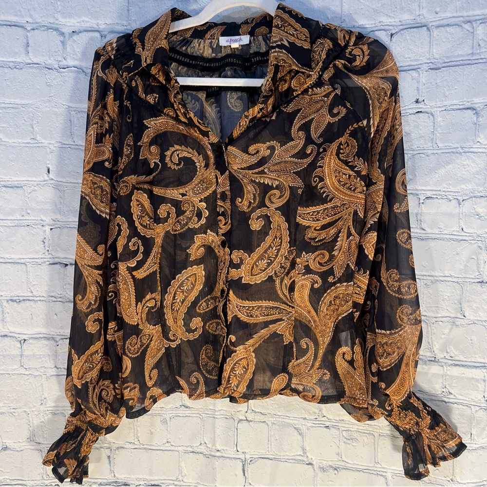 Elegant Paisley Sheer Blouse in Black and Brown